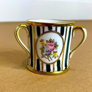 Vtg  Hand Painted Nippon Tri Handled Green and White Striped Toothpick Holder